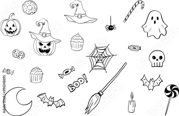 Fototapeta Vector set of Halloween elements. Perfect for scrapbooking, greeting card, party invitation, poster, tag, stickers. Hand-drawn style. Fall theme.