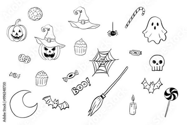 Fototapeta Vector set of Halloween elements. Perfect for scrapbooking, greeting card, party invitation, poster, tag, stickers. Hand-drawn style. Fall theme.