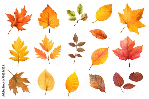 Obraz Autumn yellow leaves watercolor collection isolated on transparent background