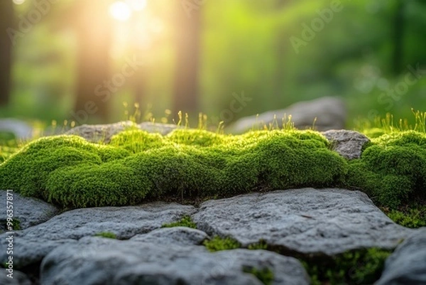 Fototapeta Lush green moss covering stones in a sunlit forest setting.