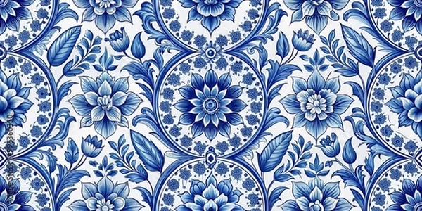 Fototapeta Delft blue dutch seamless pattern Floral blue seamless pattern Vintage dutch tile decor AI Generative