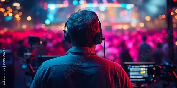 Fototapeta Live TV Production with Engaged Audience, Producer in Focus, Warm Lighting Amplifying Event Energy, Blurred Cheering Fans in Background