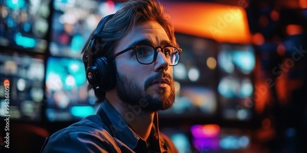 Fototapeta TV producer engaged in live broadcast, focused on monitor, studio control room backdrop, ambient light enhancing dynamic atmosphere