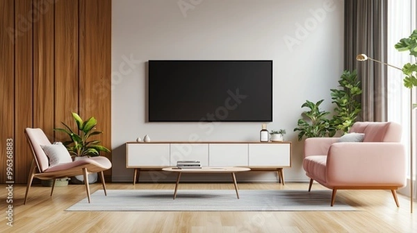 Obraz Modern living room with sleek furniture, large TV, and greenery, creating a stylish and inviting atmosphere.