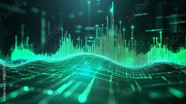Fototapeta Abstract digital wave with glowing green lines and data visualization effect on a dark background.