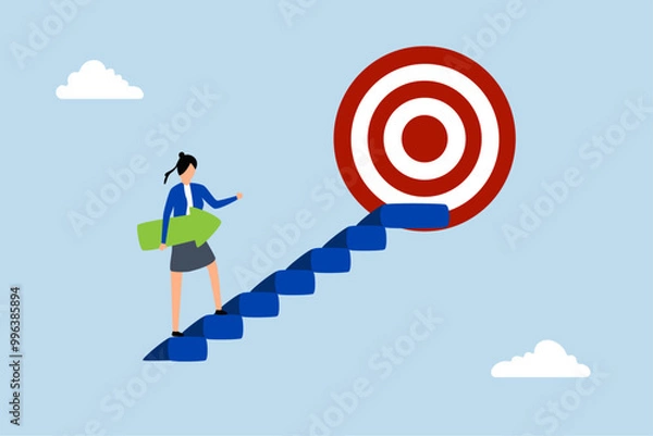 Fototapeta Career path, confident businesswoman climbs stairs with an arrow in hand to reach her goal.