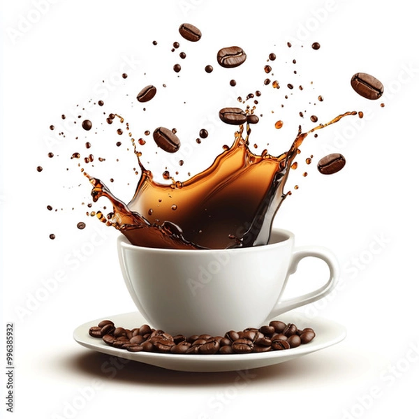 Fototapeta A coffee cup with splashes of black or brown liquid and coffee beans spilling out, isolated on a white background. 
