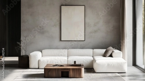 Fototapeta Wooden square coffee table beside a white sofa in a room featuring a grey wall adorned with an art poster A minimalist and elegant design for a contemporary living space