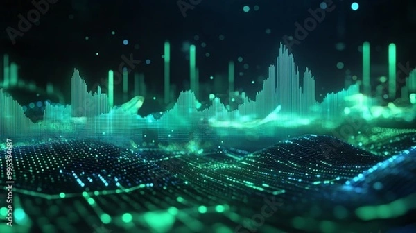 Fototapeta Abstract visualization of sound waves and digital data in vibrant green hues.