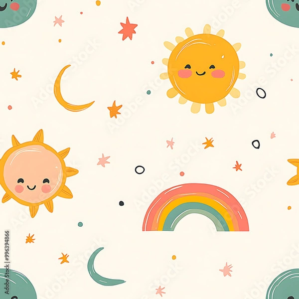 Fototapeta Digital illustration of the sun, clouds, and planets