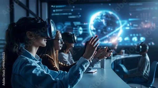 Fototapeta Futuristic Classroom Teaches Interstellar Communication Techniques Using VR Simulations
