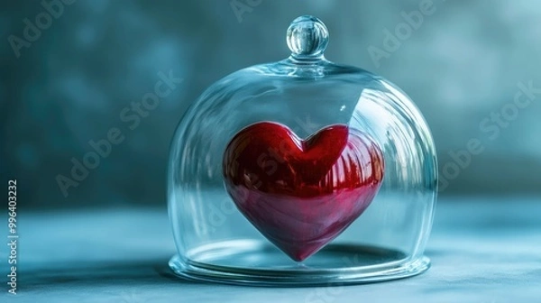 Fototapeta Health insurance concept featuring a red heart enclosed under a glass cover Symbolizes healthcare financial services and medical protection for life
