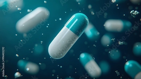 Obraz The white and blue-green capsules rendered in surrealist 3D float in the air, with a deep blue background surrounded by other pills. Highlight contemporary innovation in medicine and health.