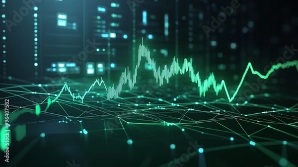 Fototapeta Digital stock market data visualization with green graph lines on a dark background.