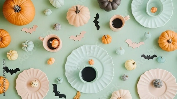 Obraz Pastel-colored plates and cups arranged with Halloween-themed decorations, including small pumpkins and bats, on a soft green tablecloth.