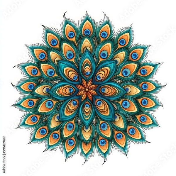 Fototapeta Colorful mandala design featuring intricate peacock feather patterns.