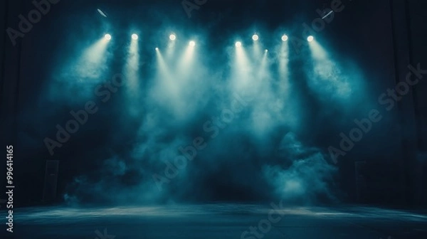 Fototapeta A large stage with spotlights shining down, smoke in the air, dark background