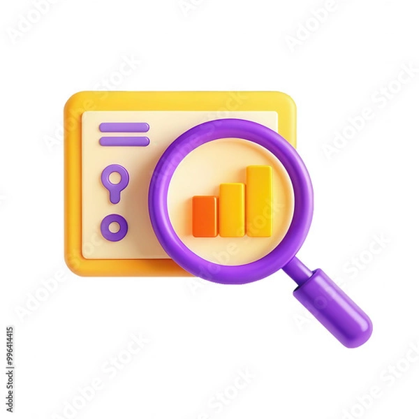 Fototapeta A colorful 3D illustration of a magnifying glass over a chart, representing data analysis. Perfect for analytics and business insights.