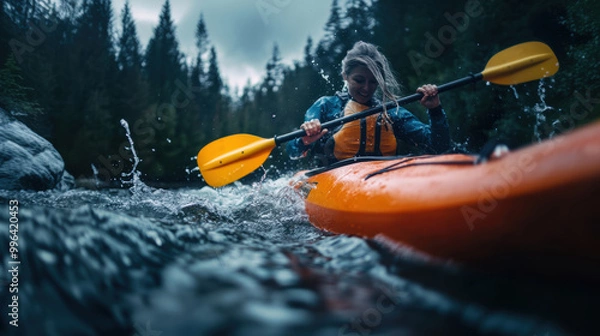 Fototapeta A kayaker rafting struggling with water splashes in boat in rapid river in mountain