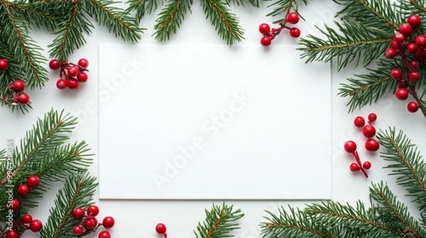 Fototapeta A festive arrangement of evergreen branches and red berries surrounds a blank card, perfect for holiday messages or artistic displays.