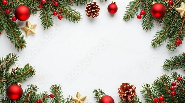 Fototapeta Merry Christmas and New Year. Christmas design. Fir branches, shiny gold balls, confetti and baubles. Christmas background. Festive composition