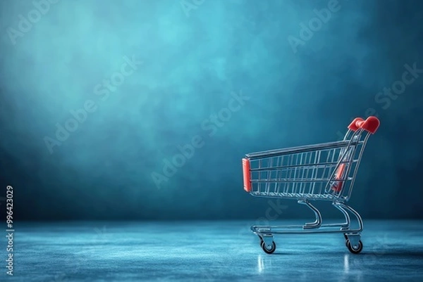 Fototapeta Small shopping cart on a blue background.