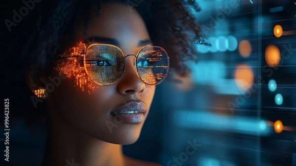 Fototapeta AI cyber security threat illustration, black african american female IT specialist analyzing data information technology, augmented reality artificial intelligence collage, side profile, copy space