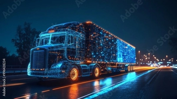 Fototapeta A futuristic truck with glowing lines driving on a dark road at night, showcasing advanced transportation technology and innovation
