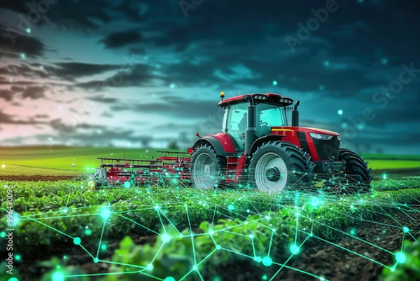 Obraz Tractor con líneas e iconos. Concepto de agricultura inteligente