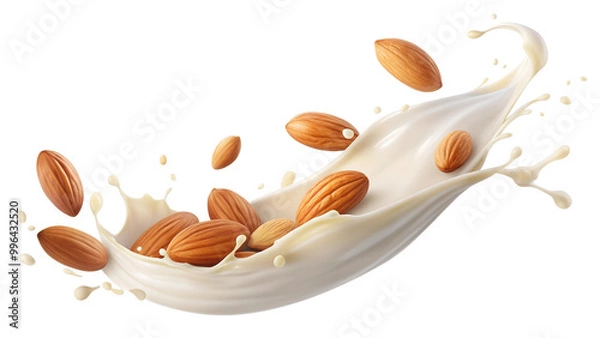 Fototapeta Movement of almond milk liquid with whole almond nuts, cut out and isolated on transparent background png