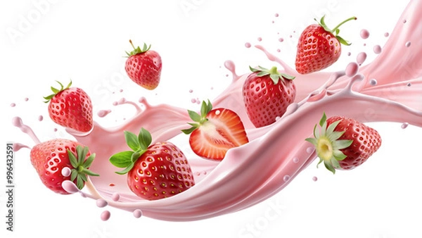Fototapeta Strawberry milk liquid movement with whole strawberries, cut out and isolated on transparent background png