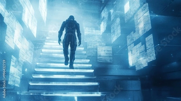 Fototapeta A figure ascends illuminated steps in a futuristic, digital space.