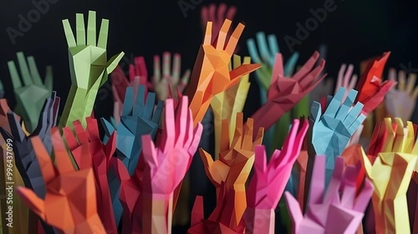 Fototapeta A vibrant display of colorful paper hands raised, symbolizing enthusiasm, participation, and community engagement.