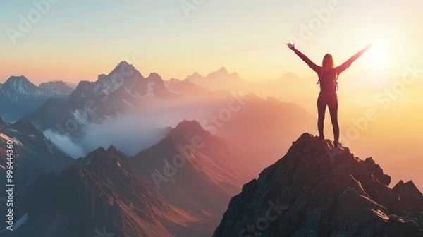 Obraz Woman on a mountain peak with arms raised in victory, celebrating personal growth and success with sunrise in the background, isolate on white background