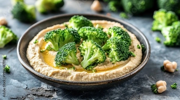 Fototapeta Broccoli florets dipped in hummus, styled on a plate for a healthy snack or appetizer idea.