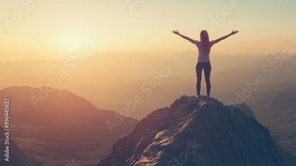 Fototapeta Woman standing with arms open wide on a mountain peak, welcoming the sunrise of success and personal development, isolate on white background