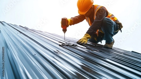 Fototapeta Worker installing metal roof panels with a drill, construction project in process, isolate on white background