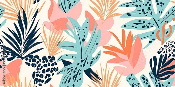 Fototapeta Playful seamless pattern featuring pastel colored tropical leaves
