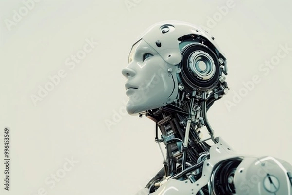 Fototapeta A robot with a white face and silver body stands in front of a white background