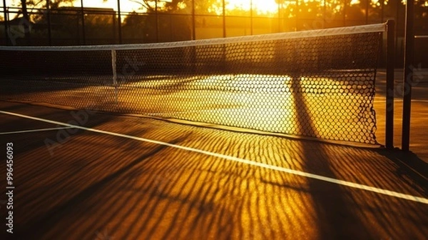 Fototapeta Capture a quiet, early morning scene at a tennis court. The sun is just rising, casting a golden glow over the court, with long shadows stretching across the net.