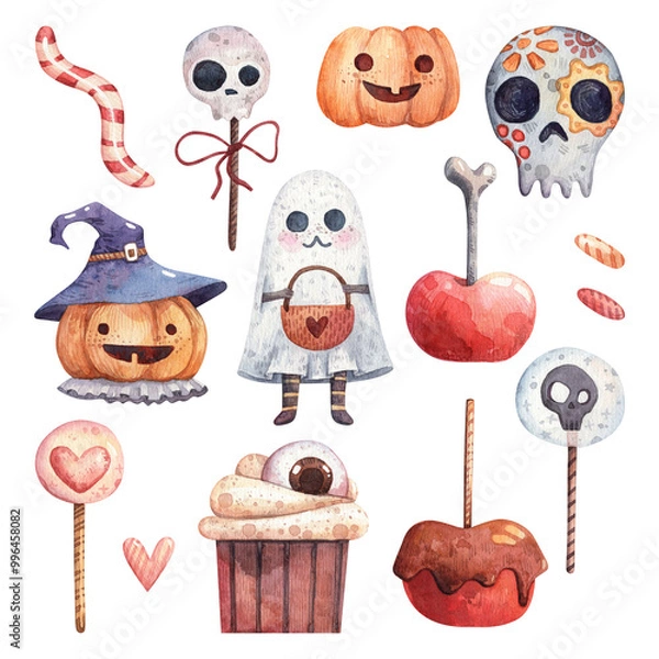 Obraz Spooky set with carved pumpkin, ghost, skulls, glazed apple candy, muffin. Halloween and Day of dead themed illustrations. Watercolor hand-painted collection
