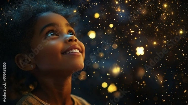 Fototapeta A banner featuring a happy black African girl gazing at the stars with a galaxy sky background and a copy space for her name.