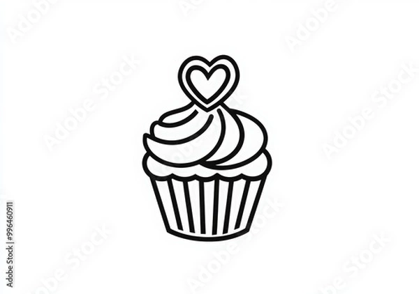 Fototapeta One line drawing of a cupcake with a heart shape on top, line art design for a birthday party banner or greeting card template. 