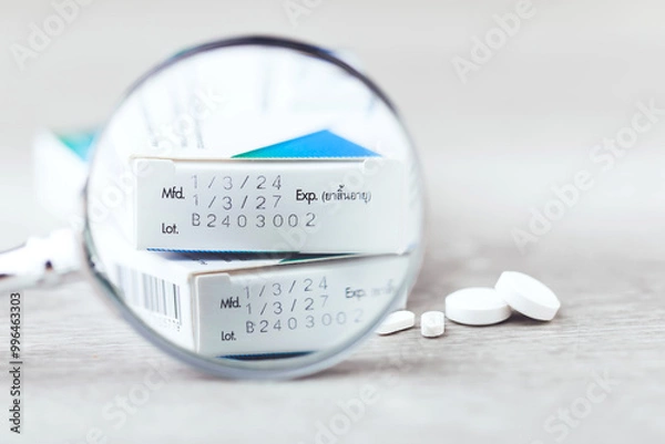 Fototapeta Close-up of the production code and expiration date printed on the side of a medicine box, with pills placed on a table. The image highlights the importance of checking medication before consumption