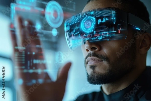 Obraz Person wearing augmented reality glasses, interacting with digital holograms in mid-air