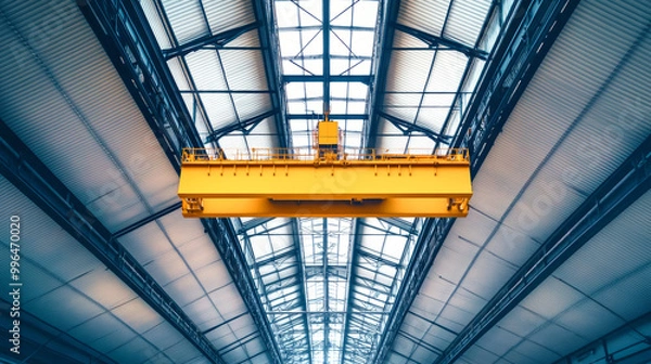Fototapeta A vibrant yellow lifting block hovers above black rails in a spacious hangar, highlighting modern industrial design against a grey steel structure
