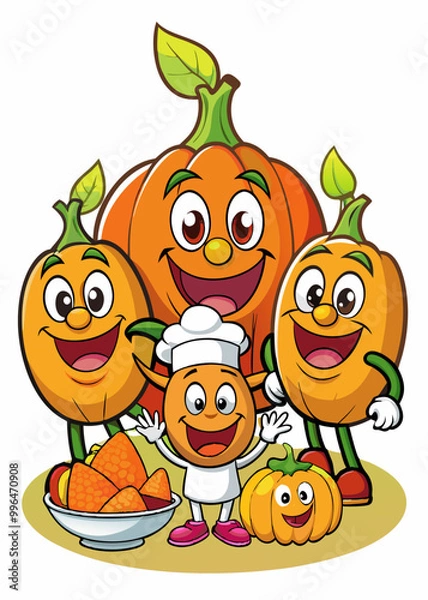 Obraz Family of Pumpkins with Happy Faces Celebrating Thanksgiving Feast, Isolated on White Background
