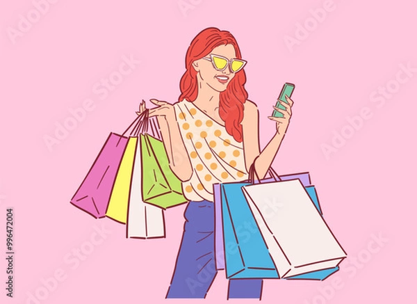 Fototapeta Illustration of happy woman with shopping bags, shopping happily in retro style, happy shopping, Design wallpaper, background, phone screensaver, banner, flyer, print. vector flat color.