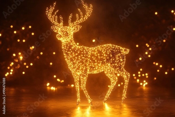 Fototapeta A glowing reindeer silhouette made of string lights against a dark background with bokeh lights.