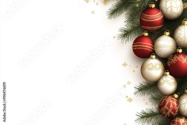 Fototapeta Decorations and balls in a Christmas border background